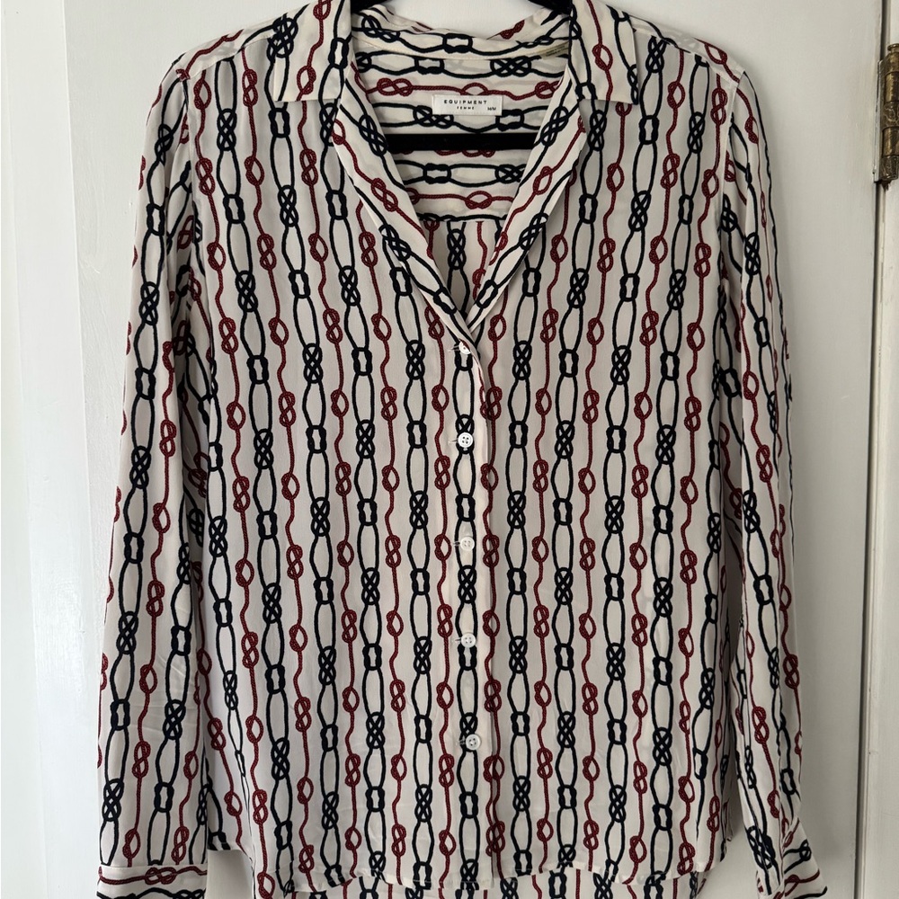 Equipment White Blouse with Red and Navy Chain Pattern